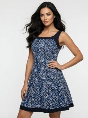 Chaps Sleeveless Navy Blue Patterned A-Line Activewear Dress (XL)